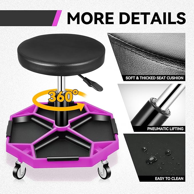 Auto Dynasty Mechanic Stool, Adjustable Rolling Pneumatic Creeper Garage Shop Seat with Tool Tray, 300 LBS Roller Seat for Workshop Auto Repair, Adjustable Height 15.7" to 21", Purple