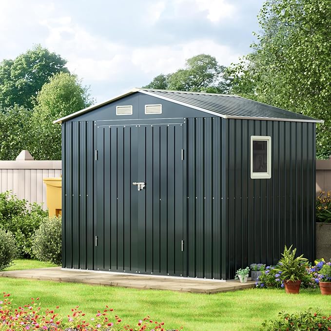6X8X6.4FT Outdoor Steel Storage Shed with Lockable Doors, Frame Floor (No Wood/Other Boards),One Clear Window,Ideal for Garden, Backyard, Patio Storage