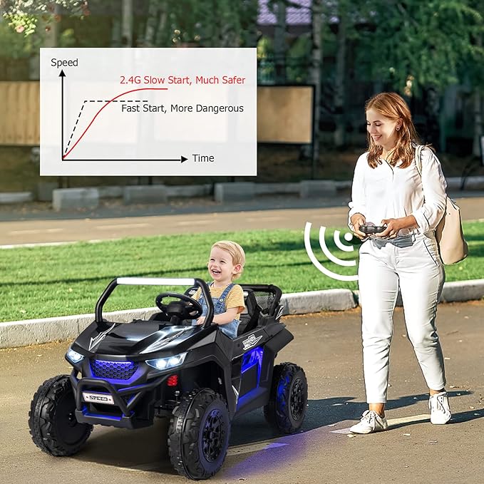 Costzon 2-Seater Ride on Car for Kids, 12V Kids' Electric Vehicles w/Remote Control, 4 Shock Absorbers, Wireless Music & FM, 3 Speeds, Ambiance Lights, Electric UTV, Kid Car Toy for Boys, Girls(Black)