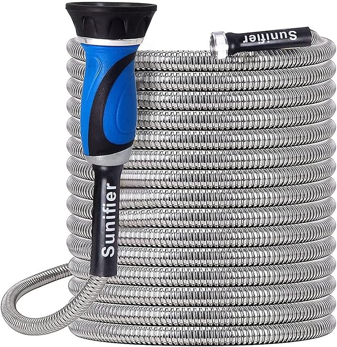 Metal Garden Hose 25 Ft Flexible Stainless Steel Garden Hose Lightweight, Heavy Duty Water Hose With High Pressure Hose Nozzle Sprayer for Garden, Lawn(25 FT)