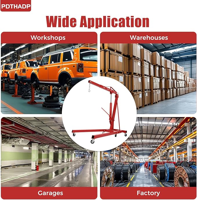 Engine Hoist 2 Ton Folding Engine Lift Folding Cherry 6.89Ft Picker Shop Crane Hoist Lift with 6 Wheels Engine Crane Folding Engine Hoist for Car Fixing Workshops Garages (Red)