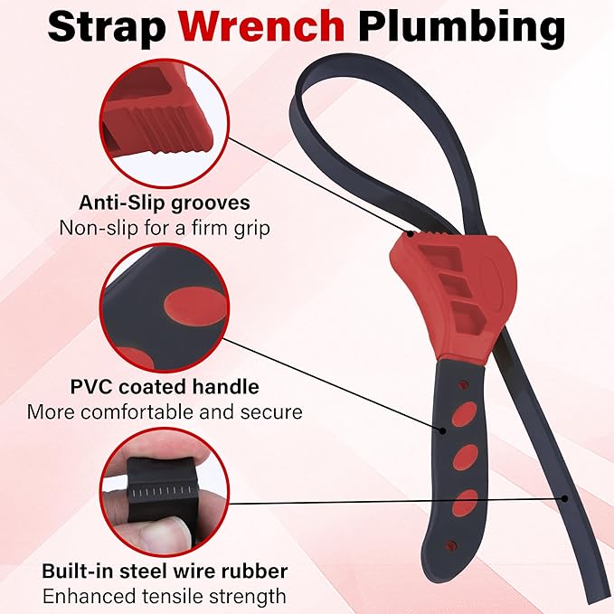 2 PCS Strap Wrench Plumbing, Rubber Strap Wrench, 24 Inch & 19.7 Inch Oil Filters Strap Wrenches, Water Filter Wrenches, Adjustable Rubber Jar Opener for Water Filters, Plumbing,Sink, Faucet (Red)