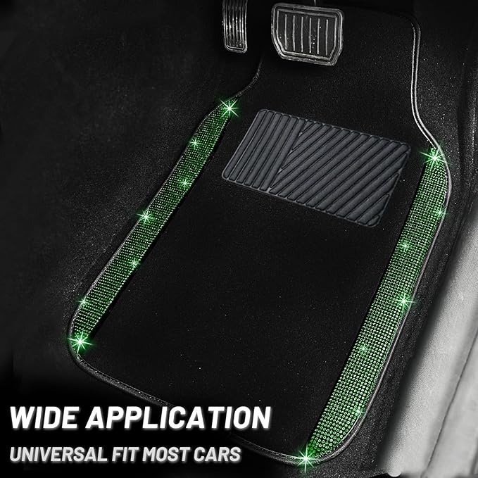 NBTEPEM Bling Car Floor Mats Full Set, Universal Fit Most Cars,SUV, Trucks, 4 pcs Sparkle Glitter Diamond Carpet for Women Girls with Anti-Slip Pad (Green Diamond)