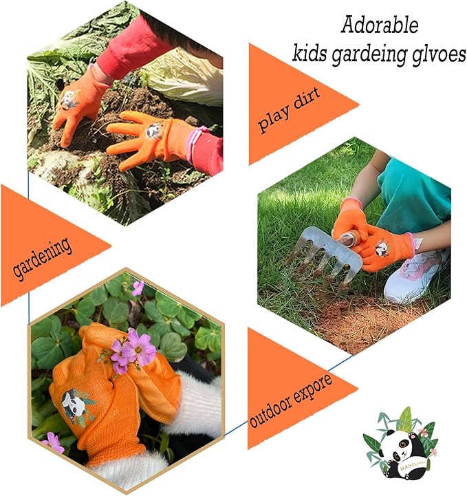 HANDLANDY 2 Pairs Kids Gardening Gloves, Toddler Children Garden Yard Work Outdoor Playing Gloves, Rubber Coating, for Girls Boys Youth (Size S, Orange)