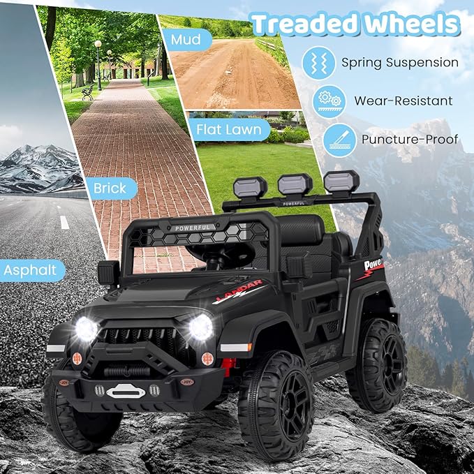 Costzon Kids Ride on Truck, 12V Electric Ride on Car with Remote Control, 3 Speed & Spring Suspension, Wireless Connection, USB, Music, Light, Kids Ride on Toys for Boys Girls (Black)