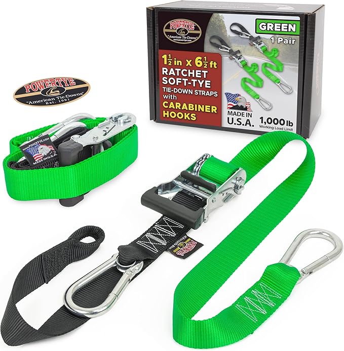 PowerTye - Made in USA - Heavy Duty Ratchet Tie Down Straps with Carabiner Hooks & Sewn-in Soft-Tye, for Motorcycle, ATV, Trailer & Cargo, 1,000 lb WLL, 1.5 inch x 6.5ft Long, Green/Black (Pair)