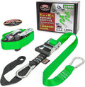 PowerTye - Made in USA - Heavy Duty Ratchet Tie Down Straps with Carabiner Hooks & Sewn-in Soft-Tye, for Motorcycle, ATV, Trailer & Cargo, 1,000 lb WLL, 1.5 inch x 6.5ft Long, Green/Black (Pair)