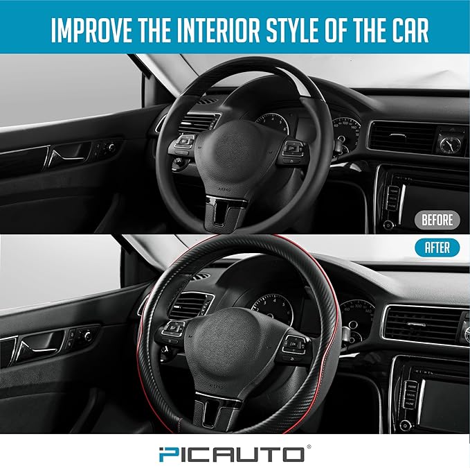 PIC AUTO Steering Wheel Cover, Red Piping Leather, Sports Carbon Fiber and Super Breathable Leather, Universal 14.5-15.5 Inch Anti-Slip Steering Wheels Accessories for Men & Women