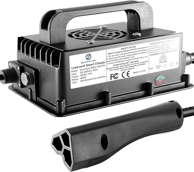 800W Lead Acid Battery Charger 48 Volt 15 AMP 3-Pin Triangular Plug EZGO RXV & TXT Golf Carts