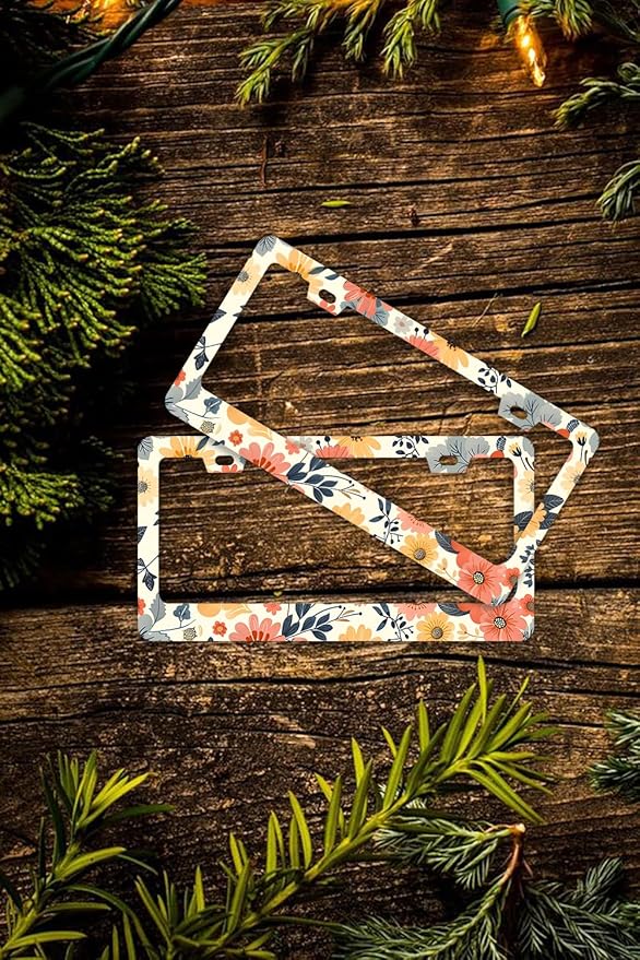 Colorful Floral Flowers License Plate Frames - 2 Pcs Set 2 Holes Stainless Steel Metal Auto Car Accessories Decoration License Plate Frame Cover Size 6.3" x 12.2" Fit US Vehicles for Women Men Gift