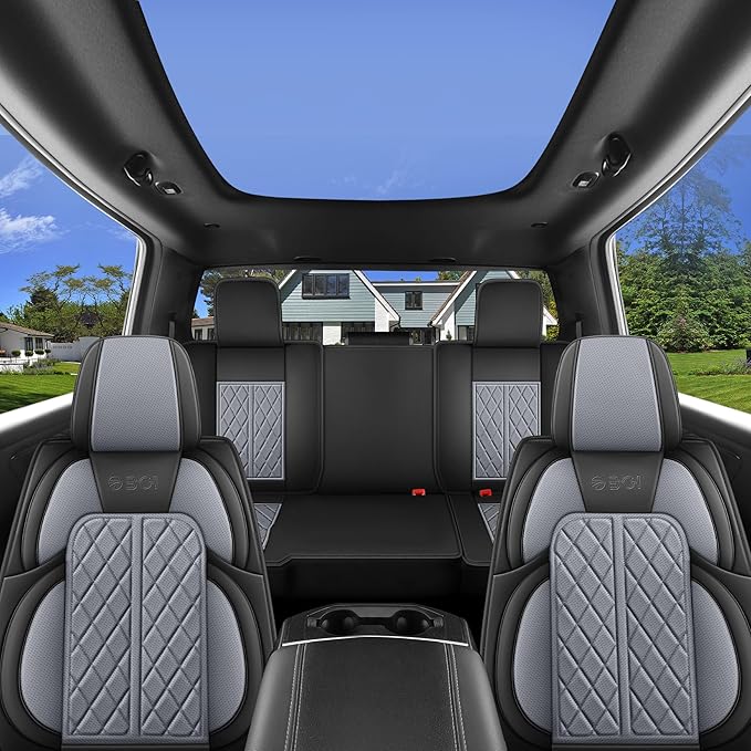 Car Seat Cover Custom Fit for Dodge Ram 1500 2500 3500 2002-2024 Faux Leather Seat Cover Set Compatible with Crew Quad Regular Cab Pickup Truck Cushions (Black & Grey, Full Set, Curved Rear)