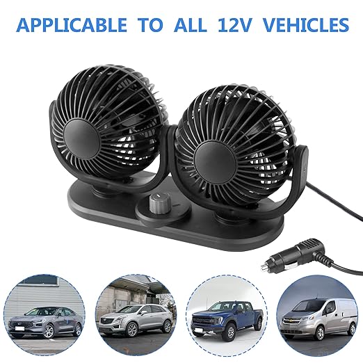 12V Car Fans Cooling Air Fan Powerful Dashboard Electric Dual Car Fan Cigarette Lighter Low Noise 360 Degree Rotatable for Truck Vehicle Boat Van SUV RV