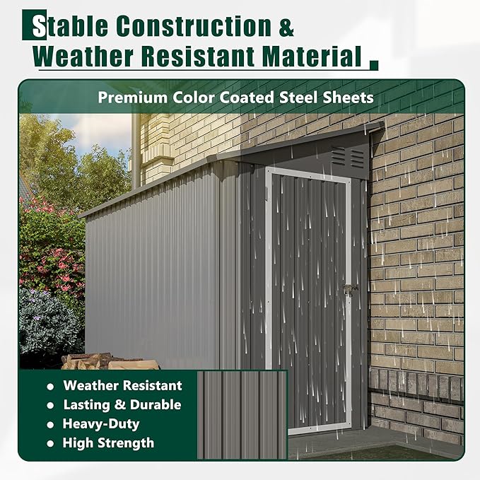 4x8 FT Outdoor Storage Shed,Lean to Metal Shed W/Floor Included,Garden Storage Shed W/Lockable Door,All Weather Waterproof Tool House W/ 2 Air Vents,for Backyard,Patio,Lawn,Garden,Gray