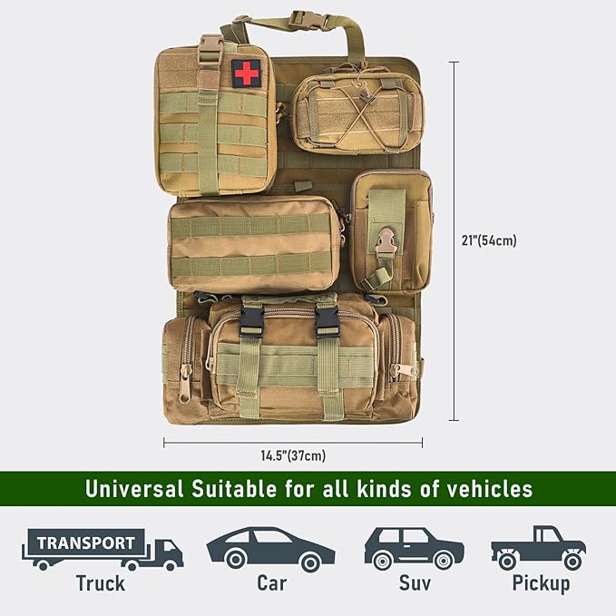 Universal Tactical Seat Back Organizer Vehicle Molle Panel Organizer Storage Bag with 5 Detachable Molle Pouch for All Vehicel Such as Jeep,Truck,SUV, Car, Ford,Chevy etc