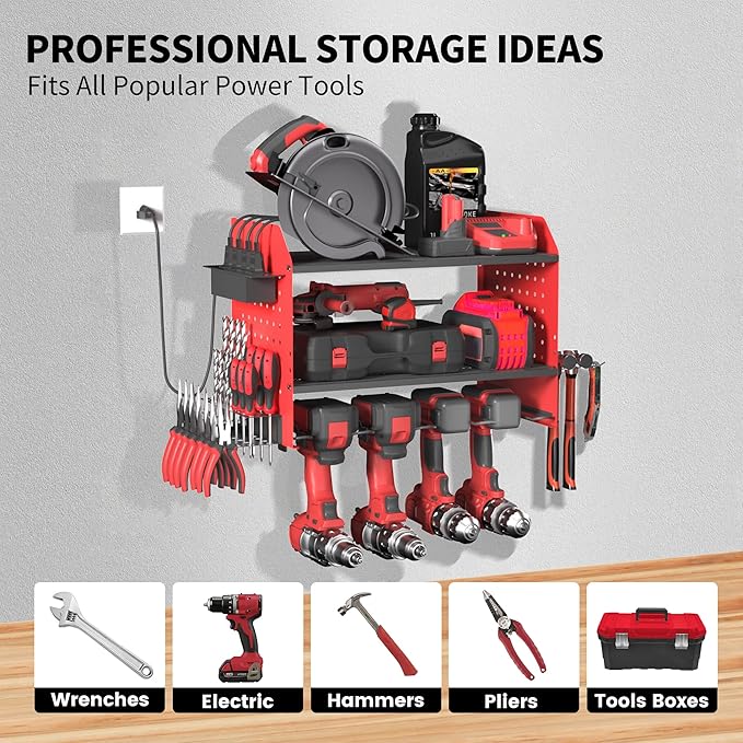 Power Tool Organizer Wall Mount – Adjustable Shelf, Side-Mounted 4-Outlet Charging Station | Heavy Duty Steel Drill Holder with Pegboards, Hooks & Drill Bit Rack for Garage & Workshop Storage(Red)