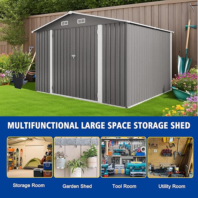 8X10 FT Outdoor Storage Shed with Window, Metal Sheds & Outdoor Storage with Lockable Door and 4 Vents, Outside Storage Shed Waterproof for Backyard, Garden, Patio, Gray