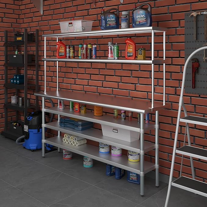 Amgood 18" x 72" Stainless Steel Work Table with 3 Shelves and 12" Wide Double Tier Overshelf | Metal Kitchen Prep Table & Shelving Combo | NSF