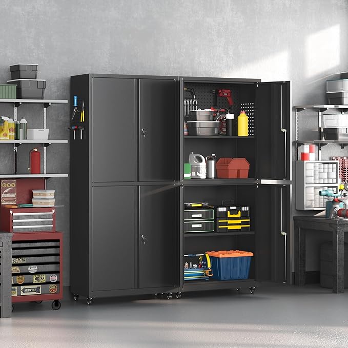 71" H Metal Tool Storage Cabinet with Lock and Wheels, Heavy Duty Garage Cabinet with 4 Doors and 2 Adjustable Shelves, Tool Organizer with Pegboard for Garage, Warehouse(Black, 71" H)