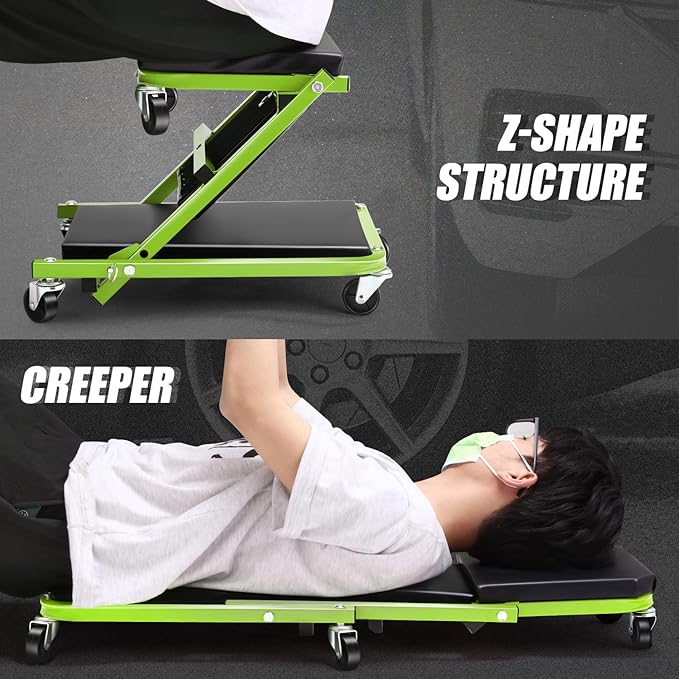 DNA MOTORING 36 Inches 2 IN 1 Rolling Folding Car Creeper/Seat, 6 Pcs 2" Casters, 150kg Weight Capacity, Green, TOOLS-00185-GR
