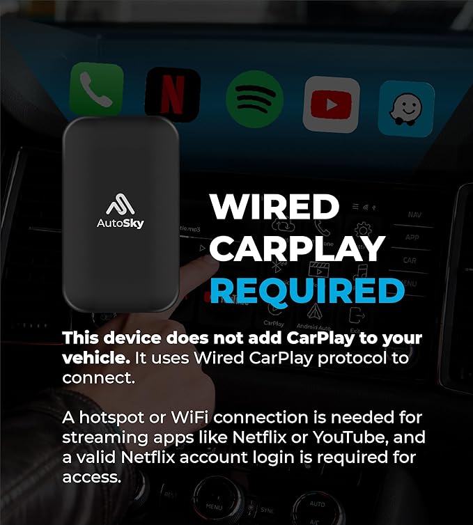AutoSky Ai Box Lite Air - Streaming on the Go, Netflix and Youtube in your car. Convert Your Wired CarPlay into Wireless CarPlay or Android Auto. HotSpot Required for Streaming. Wired CarPlay Required
