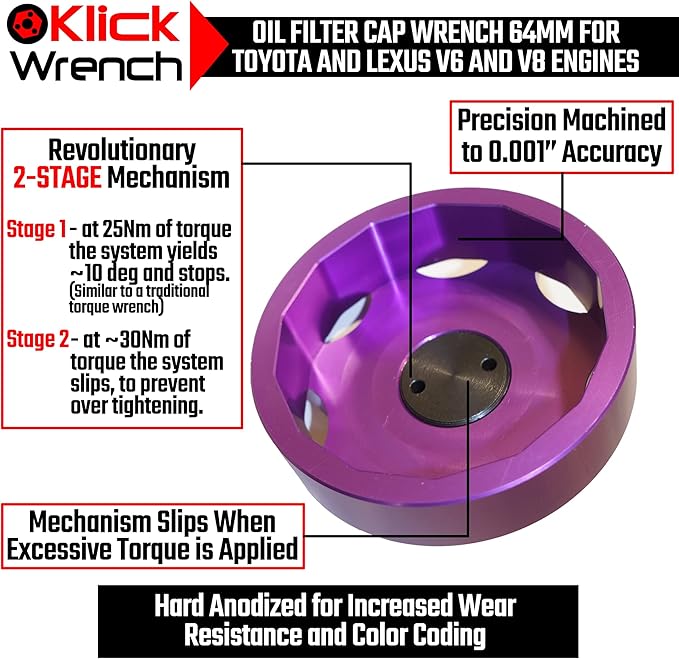 64mm 2 Stage Heavy Duty Torque Limiting Oil Filter Wrench Purple 6061-T6 Billet Aluminum