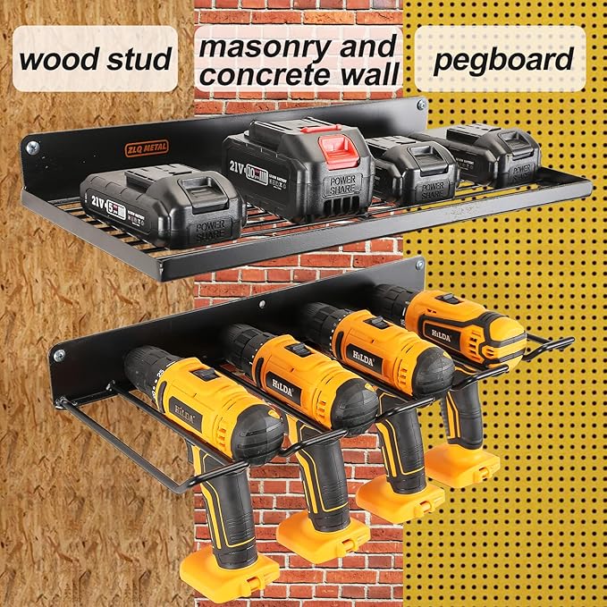 Power Tool Organizer with Charging Station,Drill Holder Wall Mount,Garage Storage Shelves for Organization and Storage,Heavy Duty Pegboard Wall Organizer Set Solid Metal Black