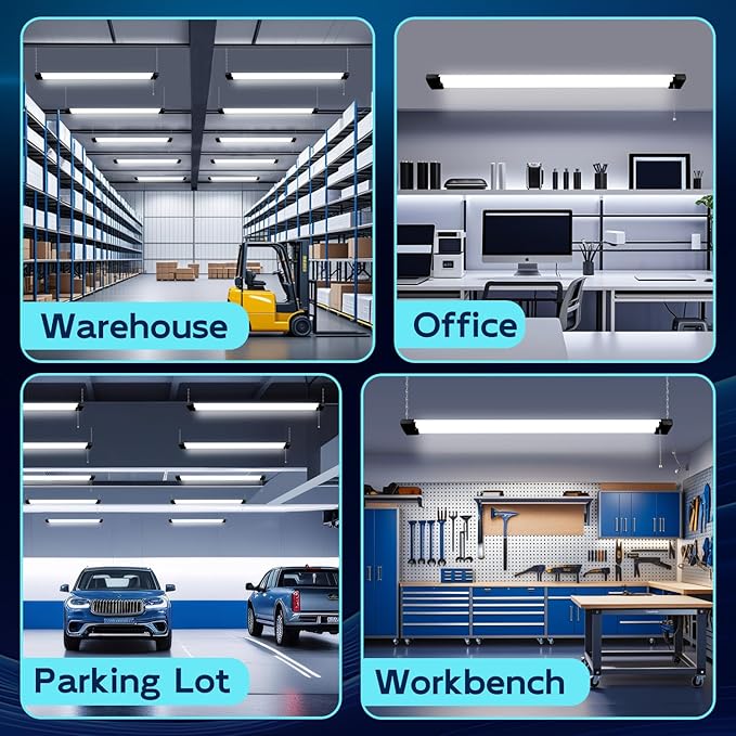 hykolity 4 Pack 4FT LED Shop Light, Linkable Utility Shop Lights, 42W, 5000K Daylight White Shop Light for Garages, Workshops,Hanging or FlushMount, Power Cord with Pull Chain Switch, Balck, ETL