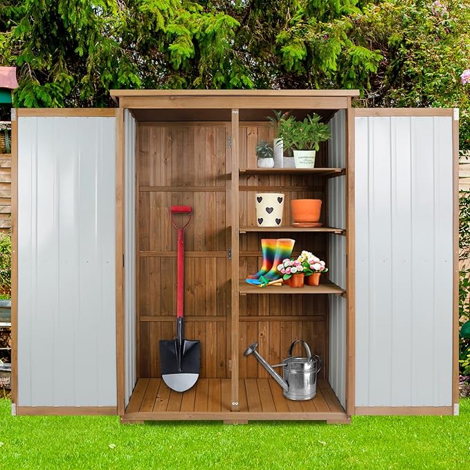 Outdoor Storage Cabinet Wood & Metal, Storage Shed Waterproof Double Lock for Anti-Theft Removable Shelves Adjustable Feet Wooden Floor for Patio, Garden, Lawn Pool Storage, 46" X 18" X 68"