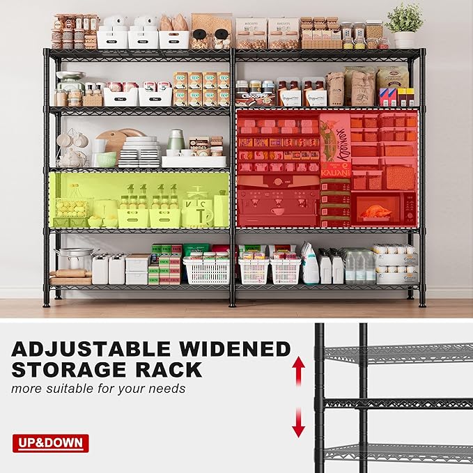 REIBII 72.8" W Storage Shelves Load 1600LBS, 5 Tier Metal Shelving Unit Wire Shelving for Storage Rack Heavy Duty Metal Shelves for Garage Pantry Kitchen, 17.7" D x 72.8" W x 70.9" H