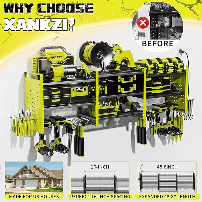 Power Tool Organizer with Charging Station Wall Mount, 3 Layer Expanded Heavy Duty Garage Organization, 48.8 Inch Length Garage Tool Storage, 4 Drill Slot, 16" Standard Hole, Green
