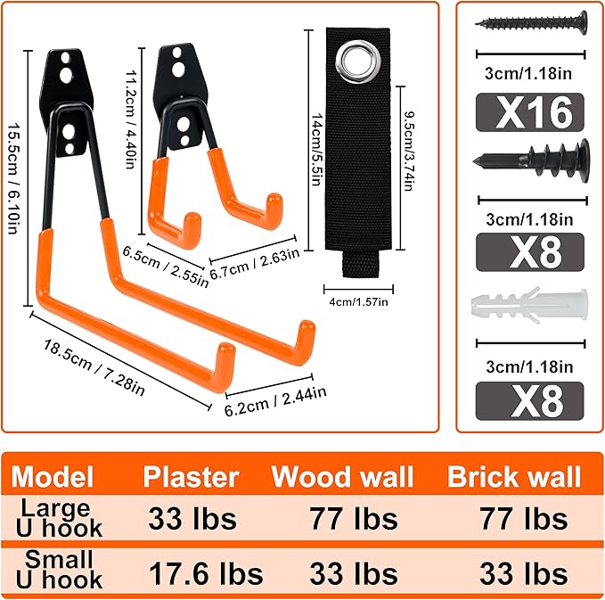 QUELIEN 4 Pack Garage Wall Hooks, 2 Large 7.5 in & 2 Small 2.5 in Heavy-Duty Cord Organizers for Garage Storage, Space-Saving Design for Home, Garage, and Workshop Use