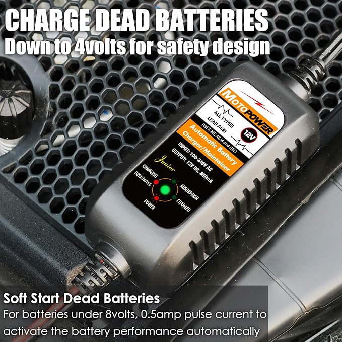 MOTOPOWER MP00205A 12V 800mA Automatic Battery Charger, Battery Maintainer, Trickle Charger, and Battery Desulfator, 2 Pack