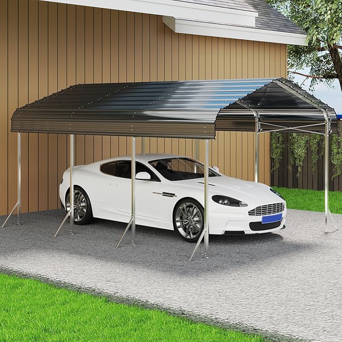 10x15ft Heavy Duty Metal Carport – Outdoor Galvanized Garage, Sturdy Structure, All-Weather Protection, Easy Assembly for Cars, Trucks, Boats, Tractors, and Outdoor Storage (Grey, 10x15FT)