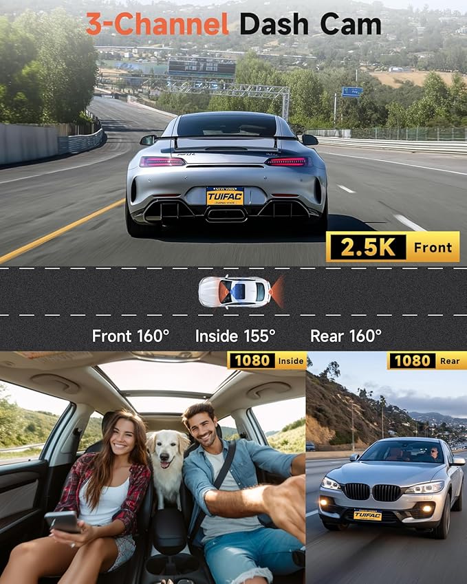 3 Channel Dash Cam, Dash Camera 2.5K Front and Dual 1080P Inside/Rear with 64GB Card, Wi-Fi Dash Cam Front and Rear, Night Vision, G-Sensor, 24H Parking, Loop Recording, 1.97”IPS, Support 256GB