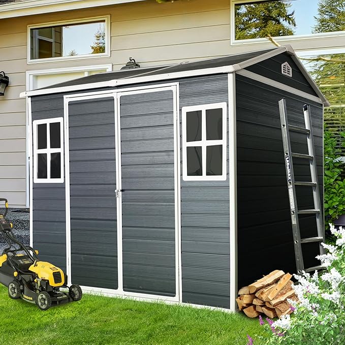 8x6 FT Outdoor Storage Resin Shed with Floor,Waterproof Plastic Garden Bike Shed with Lockable Door, Sloped Roof, Vents & Windows, Easy Assembly Tool Shed for Lawn, Backyard, Patio, Black