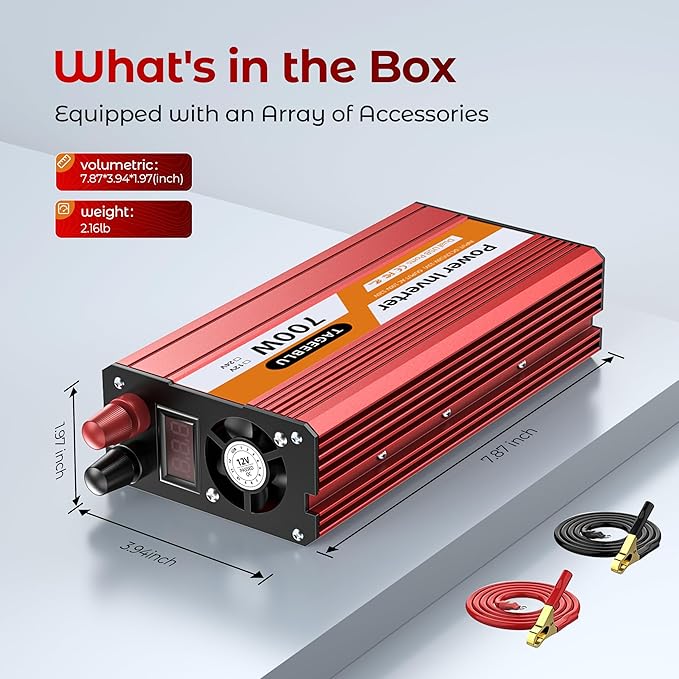 700W Power Inverter, DC 12V to 110V AC Car Inverter with LCD Screen Display, 2 AC Outlets, Equipped with 2 Clips for Truck, Home, Vehicles, Laptop, Trip