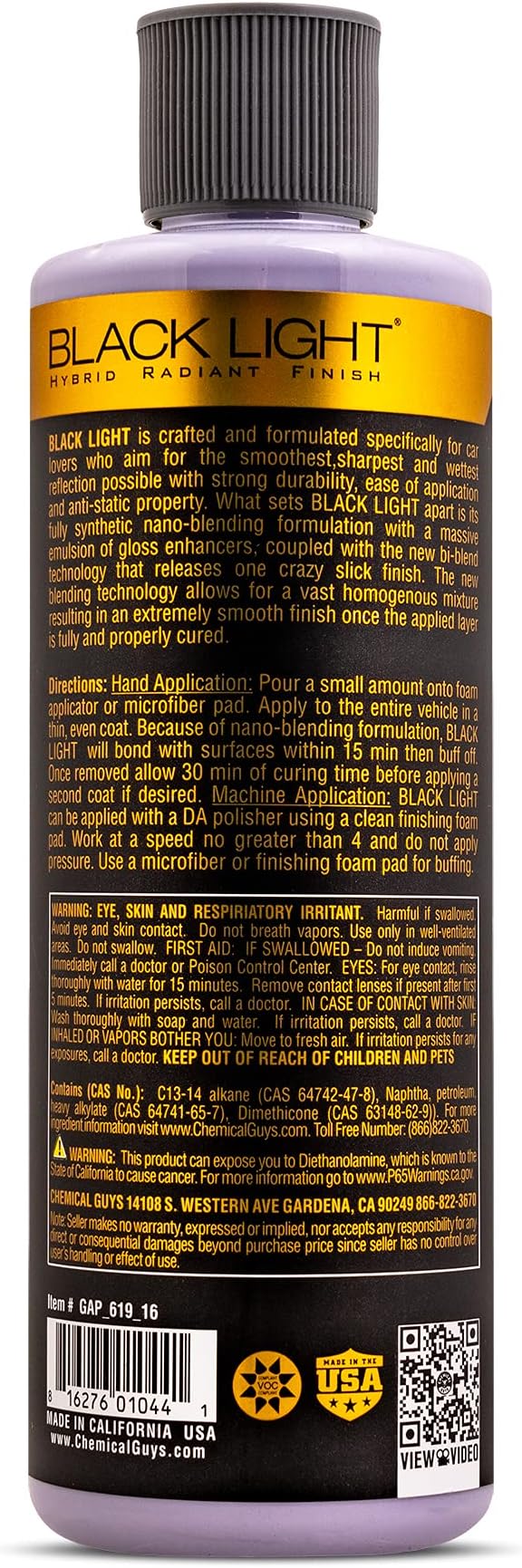 Chemical Guys GAP 619 16 Black Light Hybrid Radiant Finish, Glaze & Sealant, (Safe for Cars, Trucks, SUVs, & More) for Black and Dark Colored Cars, 16 fl oz