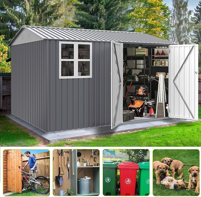 8x10 FT Outdoor Storage Shed, Metal Garden Shed with 4-pane Window, Outside Tool Shed with Lockable Hinged Doors & 4 Air Vents, Waterproof Storage Building for Backyard, Patio, Lawn, White+Gray