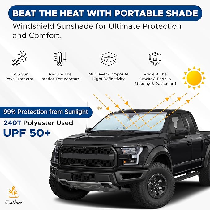 EcoNour Truck Windshield Sun Shade & Sun Block | Sun Shade for Windshield | Automotive Interior Accessories & Truck Window Shades for Heat & UV Protection | X-Large (69" x 35")