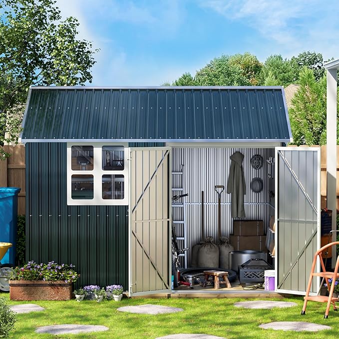 10X8FT Outdoor Steel Storage Shed with Lockable Doors, One Window,Ideal for Garden, Backyard, Patio Storage