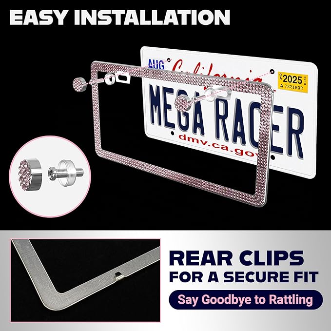 Glamorous Bling License Plate Frame for Women - 1 Pack, 800 Premium Pink Rhinestones, Rust-Free Stainless Steel, Street Legal Slim Design, Sparkly Diamond Car Tag Holder with Glitter Crystal Covers