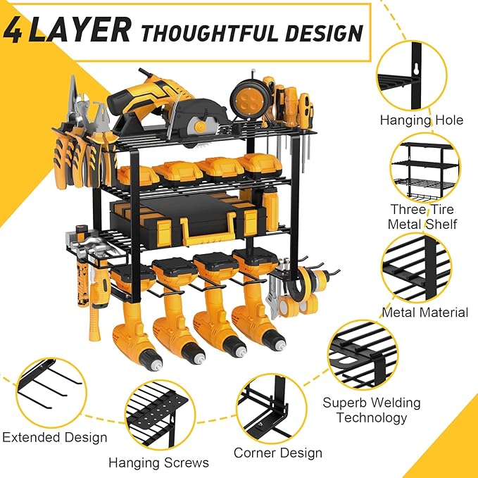 4 Layers Power Tool Organizer Wall Mount for Fathers Dad, 4 Cordless Drill Holder Garage Organization Heavy Duty Metal Loads 200LBS, Garage Shelving for Tool Storage, Tool rack for Men