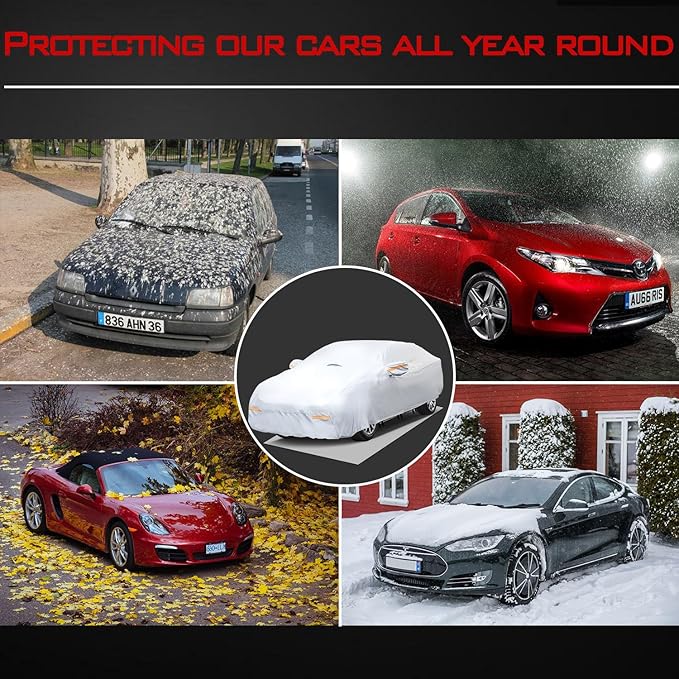 30 Layers Heavy Duty Car Cover for Automobiles All Weather Waterproof, Outdoor Snowproof UV Protection Windproof, Door Zipper, Soft Cotton Universal Car Covers (Silver, Fit Sedans191-200)