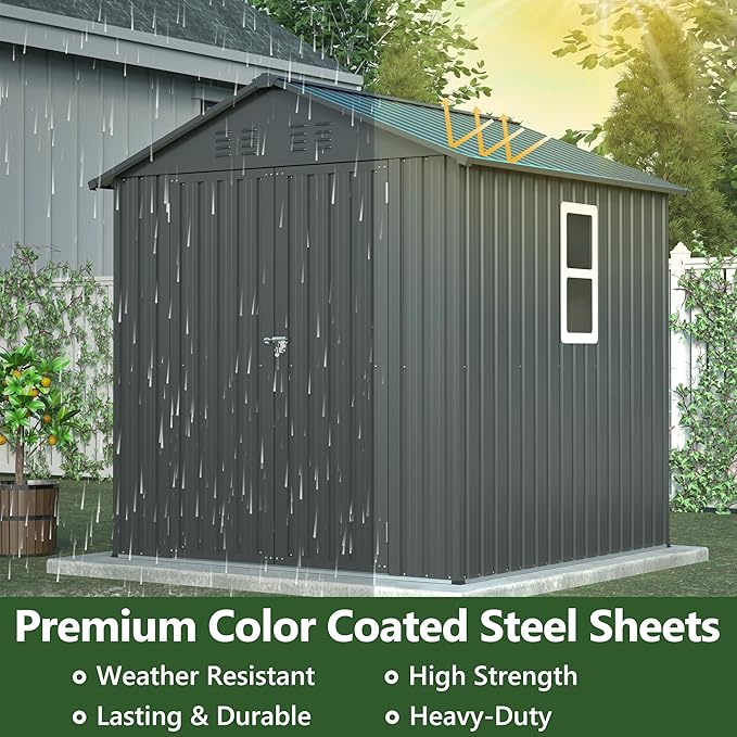 Outdoor Storage Shed, 6 X 6ft Metal Galvanized Steel Garden Shed with Floor Frame, Utility Tool Shed Storage House for Backyard, Patio, Lawn