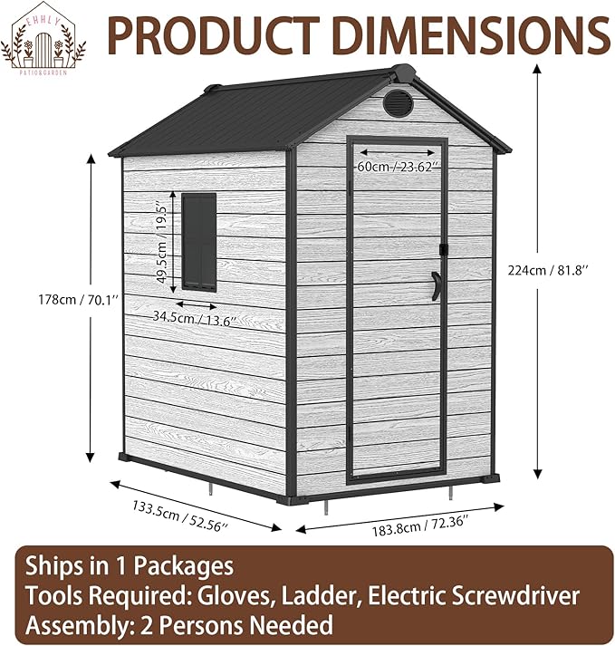 4.4x6 FT Resin Outdoor Storage Shed Large, 230 Cuft Garden Tool Sheds & Outdoor Storage Plastic Shed with Floor, 7FT Tall Backyard Outside Lawn Mower Storage Shed with Side Window, Cemented Grey