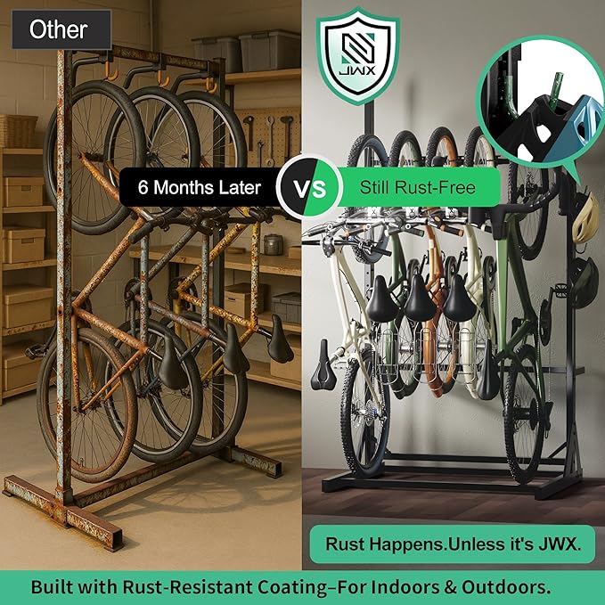 JWX Freestanding 5 Bike Rack, Heavy Duty Floor Bike Stand with Triangle Support Panels, Adjustable Rubber-Coated Hooks, Gear Accessory Holders, Easy Assembly