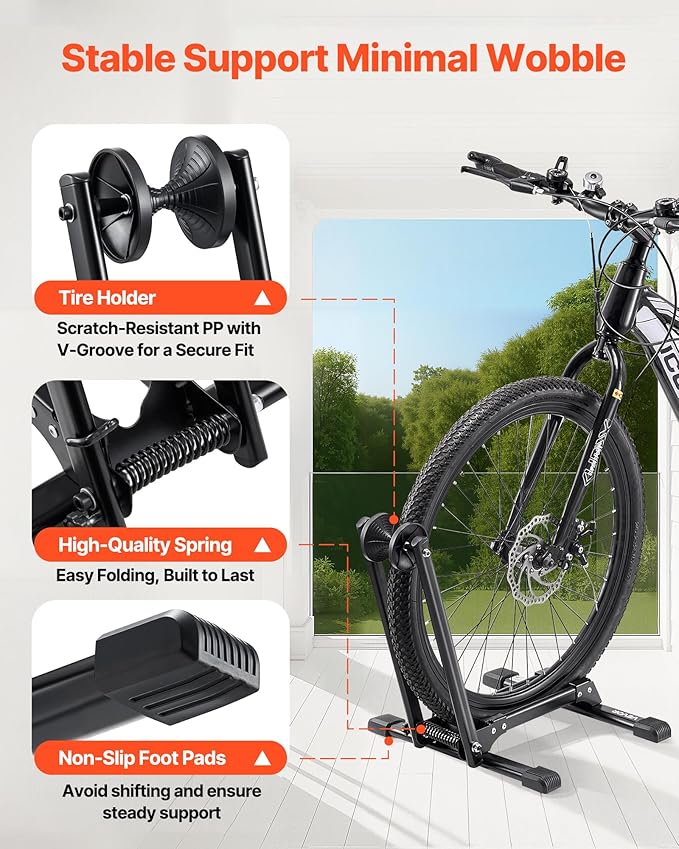 VEVOR Bike Racks 2 Pack, Fits 20 to 29 Inch Mountain & Road Bikes, Alloy Steel Rust-Resistant Bike Floor Stand Rack, Foldable Bicycle Stand for Entryway, Garage, Home Bikes Parking & Storage, Black