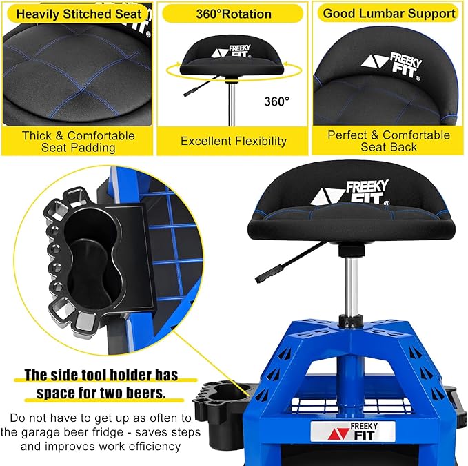 Rolling Shop Stool for Garage with Casters, DO02-Adjustable Height 360° Swivel Shop Seat with Tool Tray Storage, 330 LBS Capacity Padded Mechanic Stool, Magnetic Tool Hold, Heavy Duty, Blue