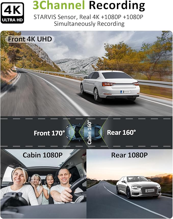 4K 3 Channel Dash Cam Front Rear Inside，STARVIS Sensor, 5GHz WiFi,64GB Card Included, 2160P+1080P+1080P Car Dash Camera, 3.16" IPS Screen, IR Night Vision,HDR, G-Sensor, 24/7 Parking Mode