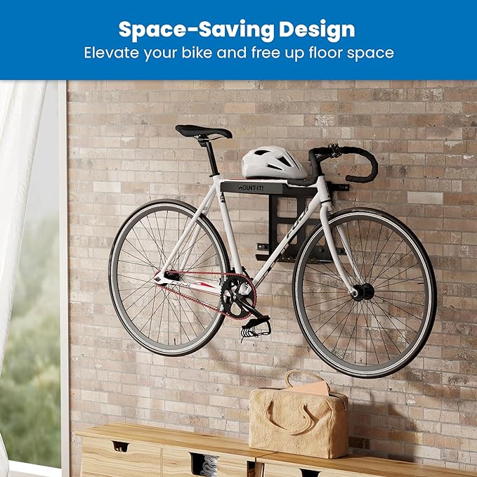 Mount-It! Bike Wall Mount Rack with Shelf and Hooks, Horizontal Indoor Bike Rack Garage Home, Space Saving Wall Mounted Hanger for a Single Road, Mountain or Other Bicycle with Extra Storage, Black